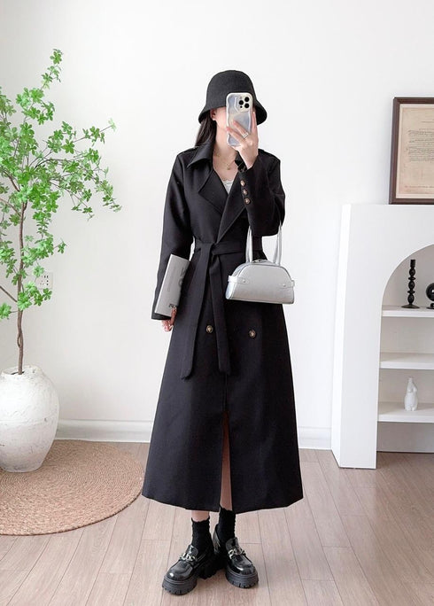 Button Down Double Breasted Long Trench Coat